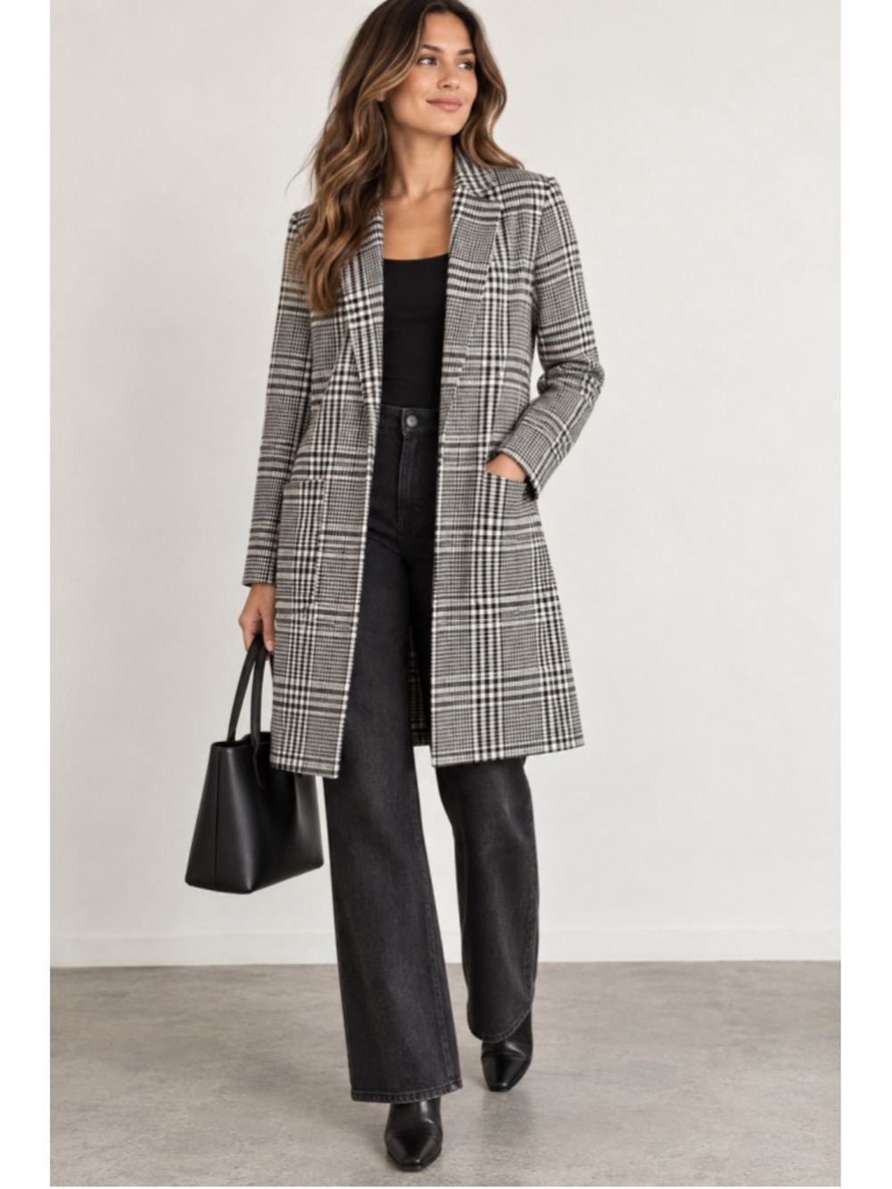 Carolina Belle Montreal Glen Plaid Longline Blazer Coat Medium Check